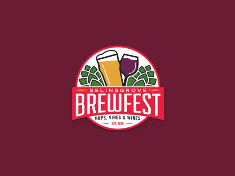 Logo for Selinsgrove Brewfest featuring a beer glass, wine glass, green hops, and the text "Selinsgrove Brewfest Hops, Vines & Wines Est. 2000" on a maroon background.